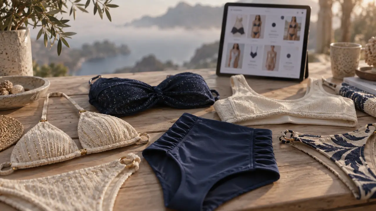grain de sable maillot bain 2 pièces sur table, bonnets et coupes