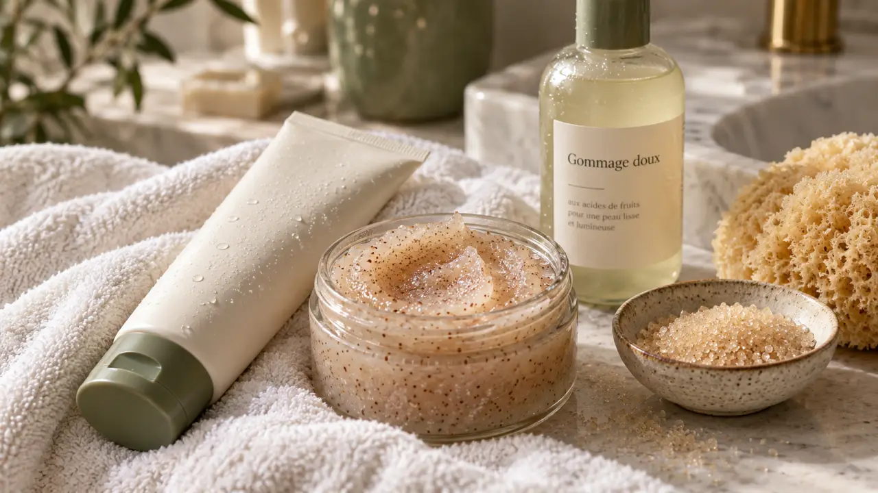Meilleur gommage corps : gommage grains et crème sur serviette blanche