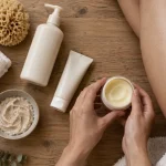 Soins pour le corps : produits de soin et peau en flat-lay