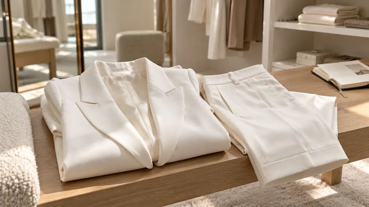 Tailleur blanc pour femme net, blazer et pantalon en cabine d’essayage