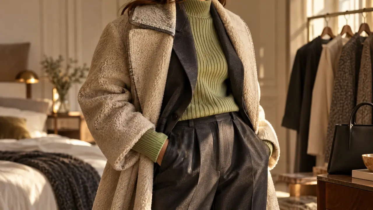 Tendance mode hiver 2025 : silhouette en blazer structuré, textures laine et satin